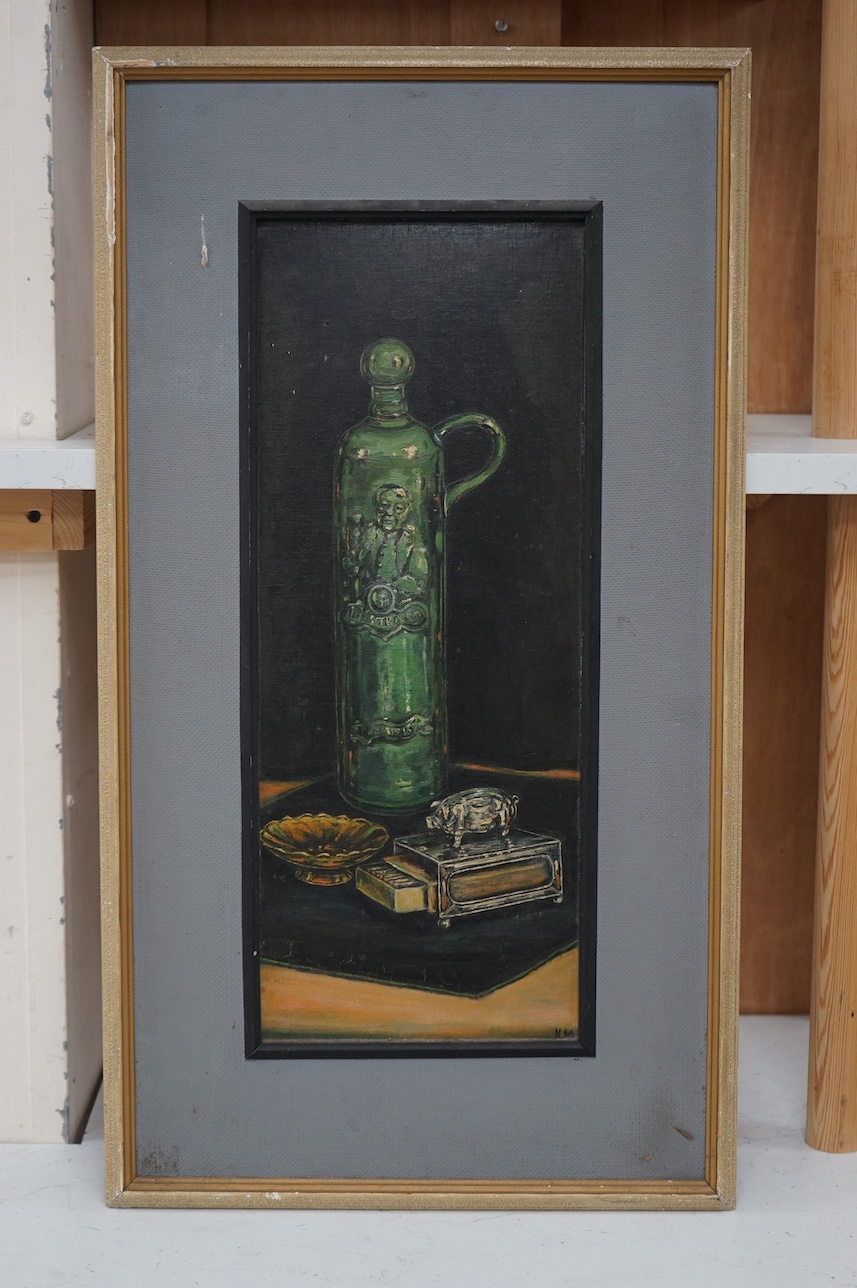 Kathleen Merrick, oil on board, Still life with a Dutch bottle, monogrammed, inscribed label verso, 49 x 19cm. Condition - fair to good